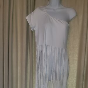 SHEIN White One-Shoulder Fringe Crop Top